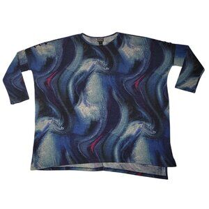 Clara Sun Woo Oversized Knit Shirt Dolman Sleeves Buttons Boxy USA Blue Abstract